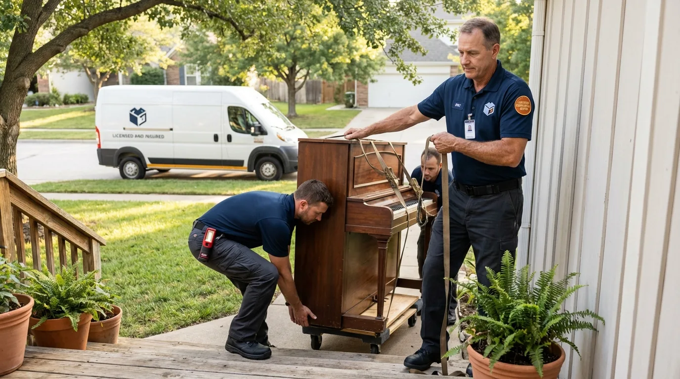 Licensed piano movers securing grand piano in Gallatin, MO