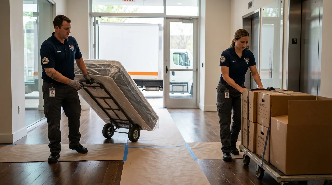 Professional apartment movers loading elevator in Gallatin, MO